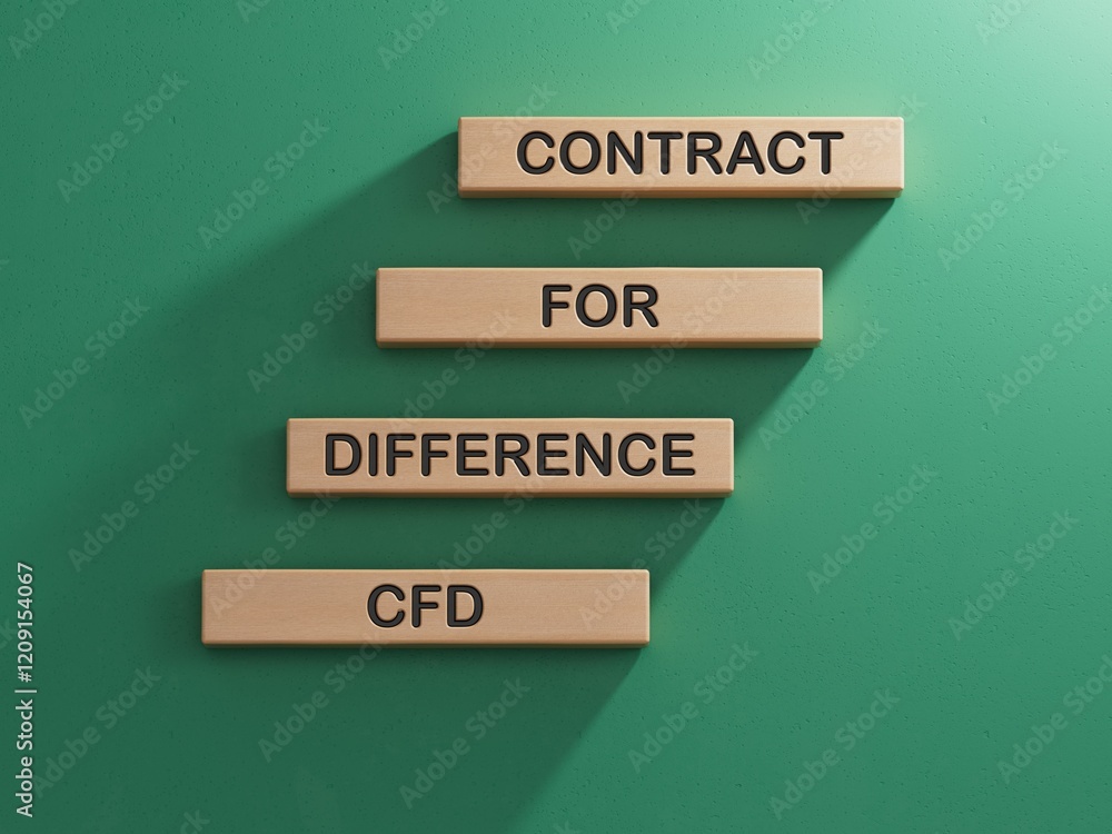 Poster the word cfd on wood cubes, banknotes and calculator on the background. cfd - short for contracts fo