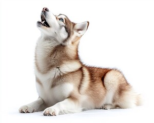 Fototapeta premium Siberian husky howling against a white background with its icy blue eyes