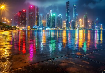 Fototapeta premium Night City Skyline Reflected In Wet Pavement