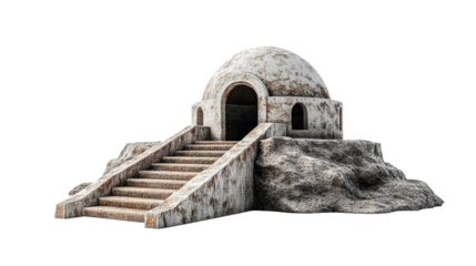 Ancient structure with dome on rocky terrain surrounded by steps in a minimalist setting isolated on transparent background