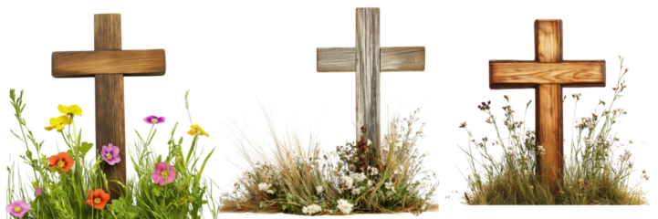 Set of A rustic wooden cross surrounded by colorful butterflies fluttering over vibrant flowers in a serene garden at sunset on transparent png background