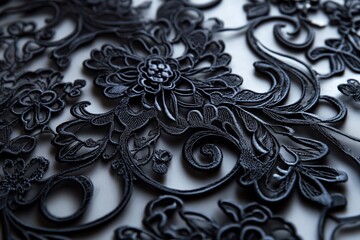 Delicate black lace featuring swirling patterns and intricate cut-outs on a clean, high-contrast background.