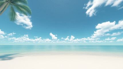 Tropical Beach Idyll: A pristine, white-sand beach stretches out towards a horizon of azure blue, with a swaying palm tree casting a gentle shadow in the foreground.