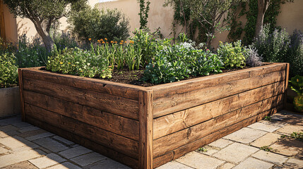 Wooden planter with vibrant flowers in a garden setting showcasing natural beauty and sustainable gardening practices