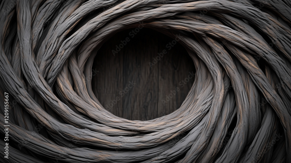 Poster wicker circle on dark wood: a close-up view of a woven wicker circle, dark and textured, arranged in