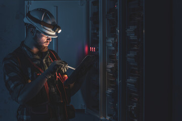 Electrician in overalls, focused on work in switchboard with fuses, using tablet.
