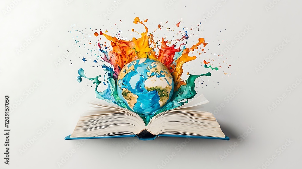 Poster creative concept of learning with open book and color splash