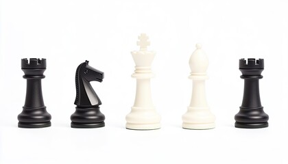 A close-up view of chess pieces including a knight and king, set against a white background for artistic display