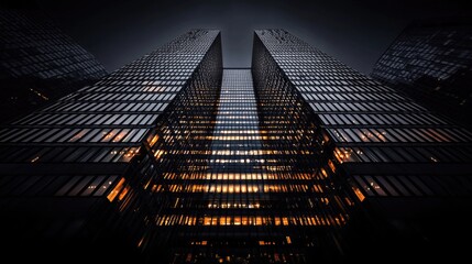 City skyscrapers at night, illuminated windows, dark sky, urban landscape, architectural photography
