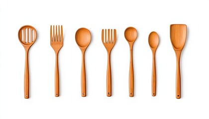 A collection of wooden kitchen utensils arranged neatly on a white background, ideal for culinary presentations