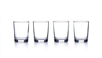 Four empty glass tumblers arranged in a row on a clean white background, ideal for beverage presentations