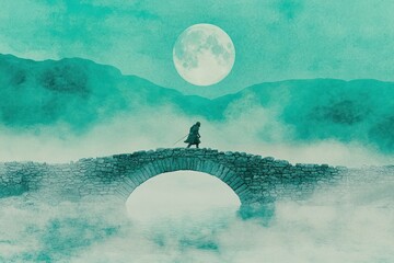 Lone figure crosses misty bridge, moonlit mountains.