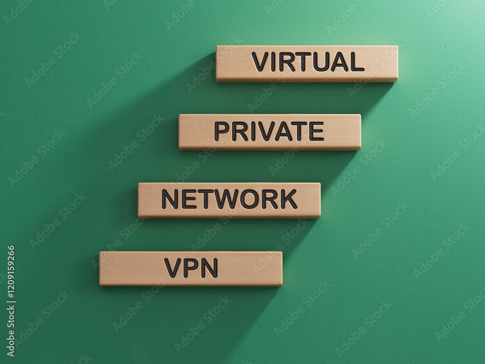 Poster vpn - virtual private network. wooden cubes with word vpn.business and vpn concept. wooden cube bloc
