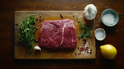 Raw beef steak and fresh ingredients for cooking on rustic background, top view, banner. Healthy food and diet concept.