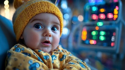 Curious Baby in Yellow: A close-up portrait of an adorable baby, wearing a cute yellow knitted hat and matching outfit, gazes inquisitively at the viewer, with a hint of wonder in their big.