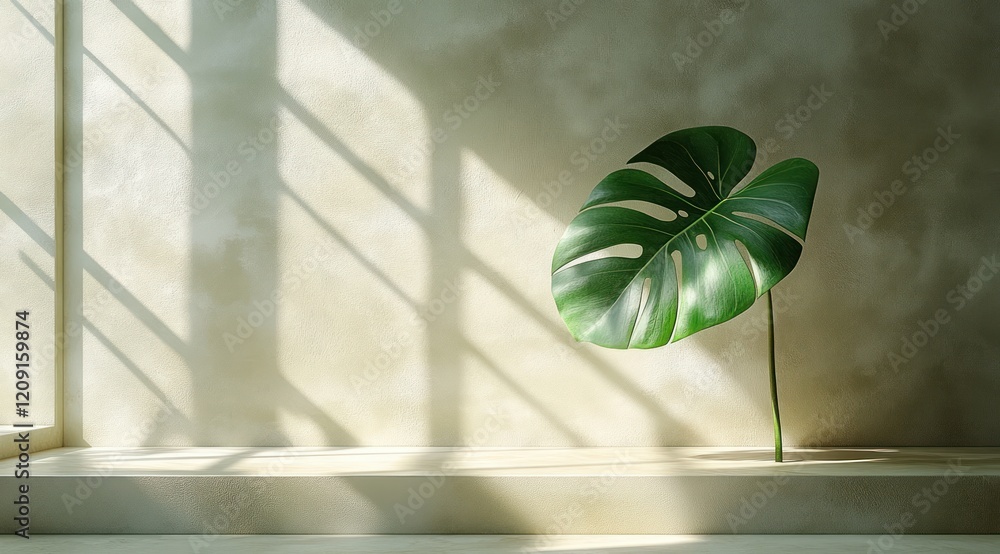 Aufkleber monstera leaf on geometric white structure minimalist display podium 3d rendering