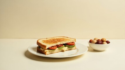 A simple grilled cheese sandwich with fresh tomato and cucumber slices, served on a white plate alongside a small bowl of colorful candies.