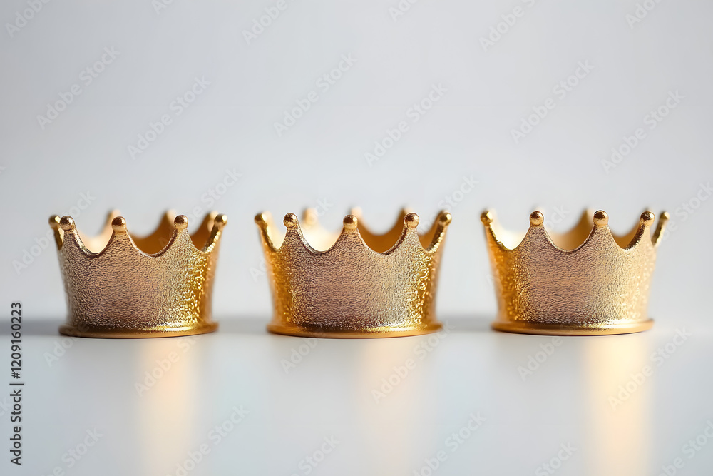 Poster minimalistic three small crowns in row each in shimmering gold positioned on white surface for three