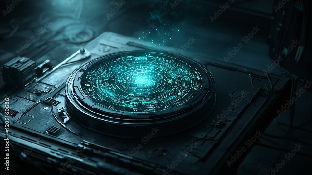 Poster a futuristic data repository glowing with vibrant holographic visuals, showcasing intricate informat