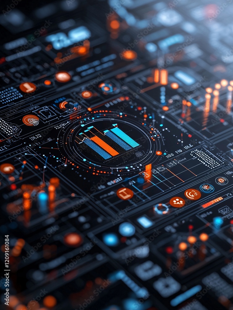 Poster an abstract visualization of information knowledge analysis, featuring a central 3d holographic char