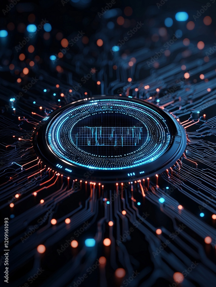 Poster an abstract visualization of information knowledge analysis, featuring a central 3d holographic char