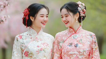 Obraz premium Two Women in Traditional Attire Smiling Together