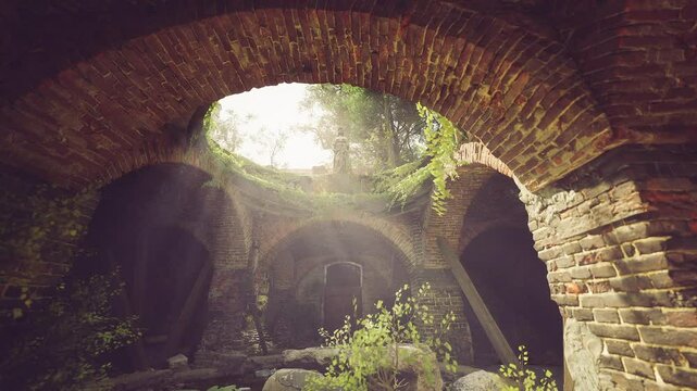 Sunlight filters through openings in a historic ruin featuring brick arches and vibrant plants. The serene atmosphere invites exploration of this forgotten space, surrounded by nature.