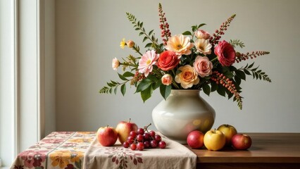 A vibrant floral arrangement in a ceramic vase, complemented by a still life of ripe apples and grapes on a rustic tablecloth