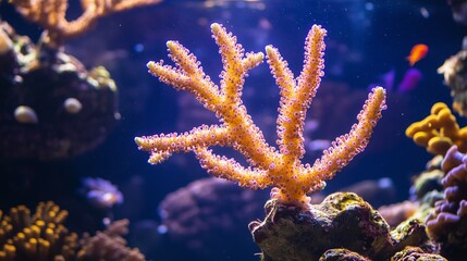 Fototapeta premium Exotic underwater view of branching corals with tiny marine creatures peeking out from crevices.