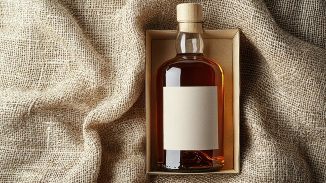 Amber liquid in a glass bottle with blank label, inside a cardboard box on burlap fabric. - Powered by Adobe