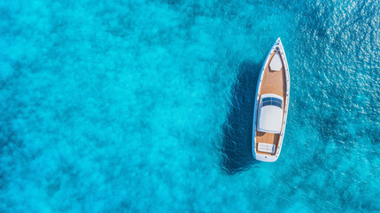 Luxurious yacht viewed aerially on vibrant turquoise waters, evoking tranquility, recreation, and oceanic freedom; a scene of ultimate maritime elegance and relaxation amidst the pristine sea.