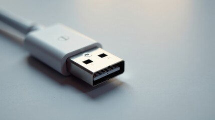 Close-up view of a white USB connector cable on a light gray surface, showcasing the detail of the connector's pins and casing