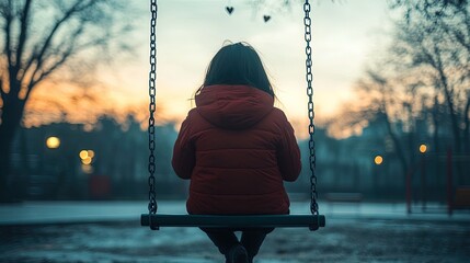A person sitting on a swing in an empty playground, their chest heavy, their heart breaking apart above them