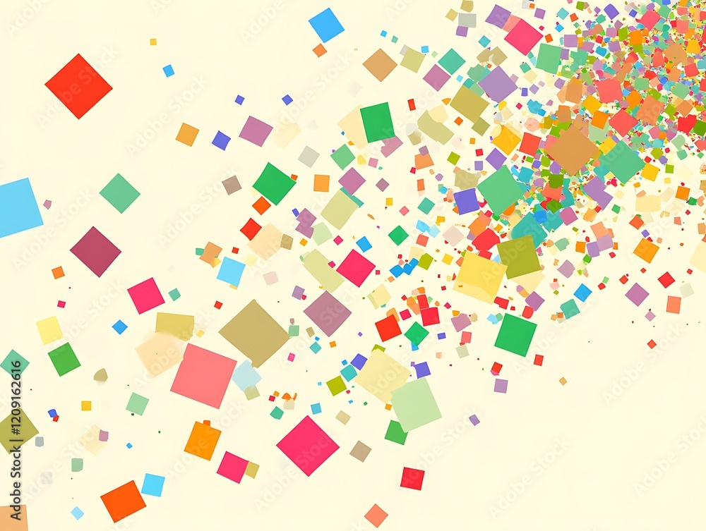 Poster colorful square confetti exploding across white background