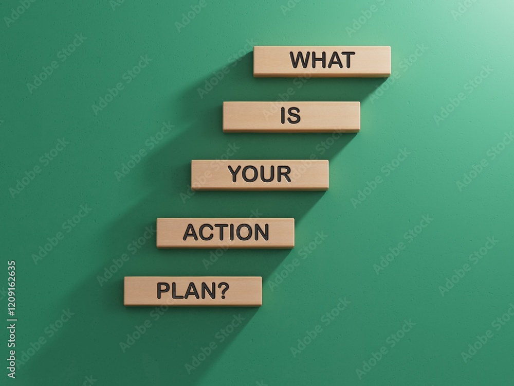 Poster what is your action plan symbol. wooden blocks with words what is your action plan.business and what