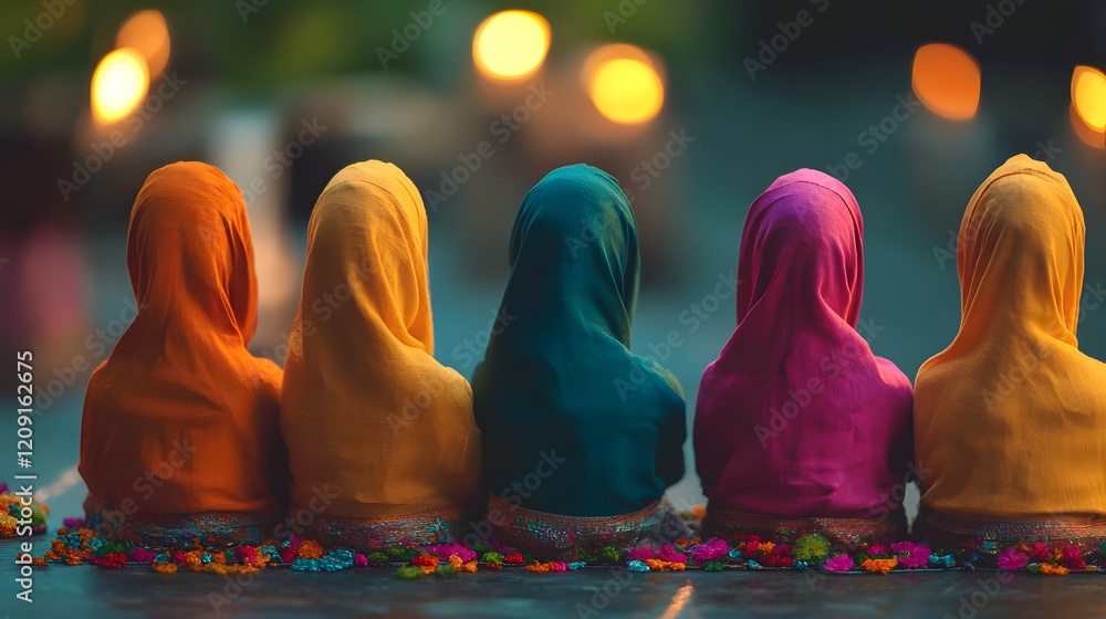 Poster diverse religious practices and rituals coexisting in harmony with a blurred depth of field creating