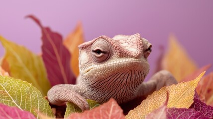 Obraz premium Lizard resting among colorful autumn leaves on a purple background.