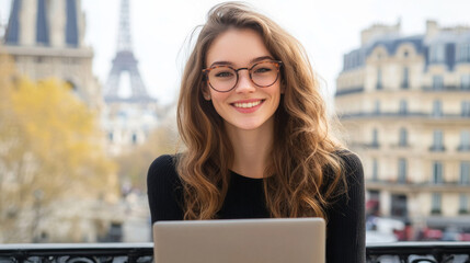 A cheerful woman with glasses and flowing hair using a laptop outdoors, with Parisian architecture as a stunning backdrop on a bright day.