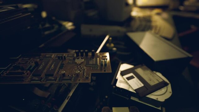 Various outdated electronic components and disassembled devices are spread across a workbench. The setting has a dim light that highlights the intricate details of the circuit boards.