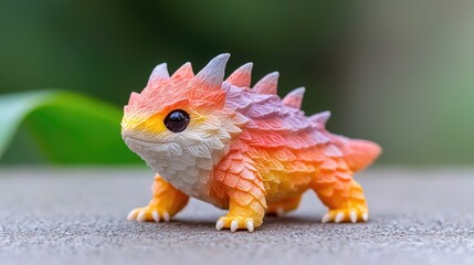 Colorful horned lizard figurine outdoors, green blurred background, collectible toy, for websites