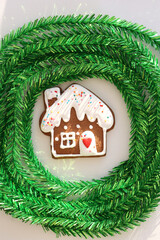 Christmas gingerbread house. Christmas concept.
Vertical photo.