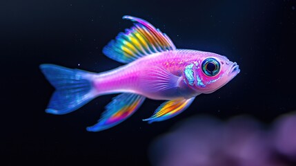 Fototapeta premium Vibrant pink and blue tropical fish swimming in a dark aquarium under soft light.