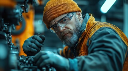 Fototapeta premium Focused Male Mechanic Working on Industrial Machinery Wearing Safety Gear