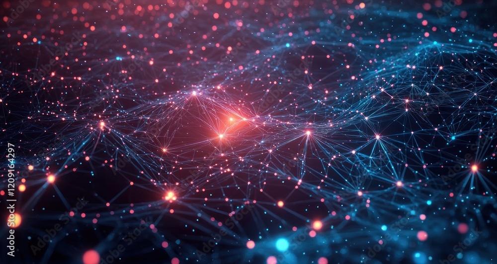Poster futuristic network visualization of cyber connections and neural impulses in a glowing digital space