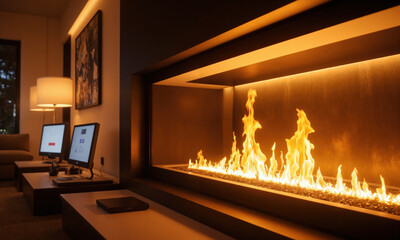 A futuristic smart fireplace that uses digital projections to create customizable flame effects. The fireplace adjusts its intensity, color, and heat output based
