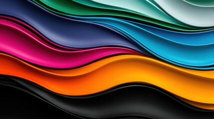 A vibrant abstract composition of overlapping curved shapes in various colors.