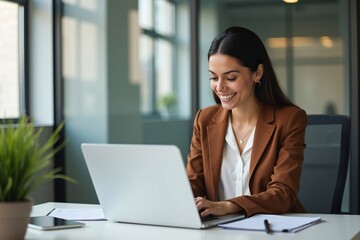 Portrait of a Smiling Hispanic Business Woman Using Laptop in a Modern Office, Happy female company executive, smiling businesswoman entrepreneur corporate leader Hr manager.