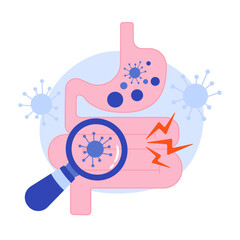 The human stomach and intestines are under a magnifying glass, revealing of viruses and bacteria. 