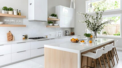 Modern kitchen countertops neutral tones concept. Modern kitchen featuring white cabinetry, wooden accents, and a spacious island adorned with fresh fruits and decorative plants.