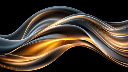 A digital illustration of abstract waves in black, silver, and gold.